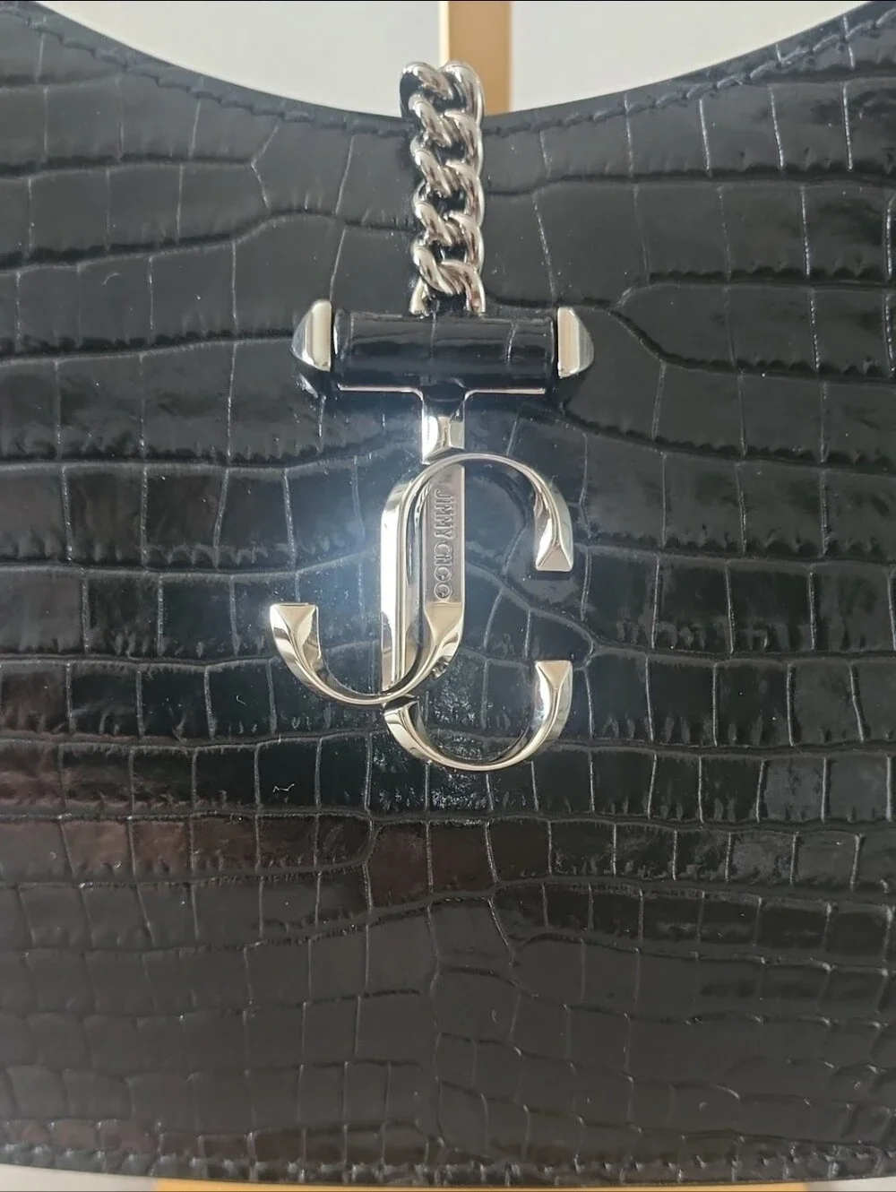 Authentic Jimmy Choo Black Croc-Embossed Shoulder Bag with Silver Hardware